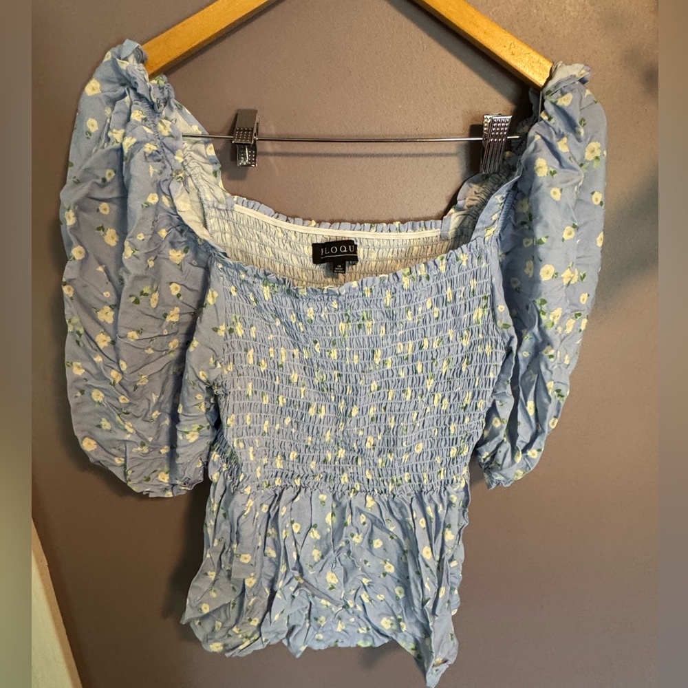 ELOQUII Blue Floral Smocked Top